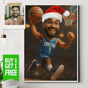 Personalized 3D Basketball Christmas Caricature from Photo - Digital Cartoon Portrait Gift for Athletes - Christmas Basketball Gift