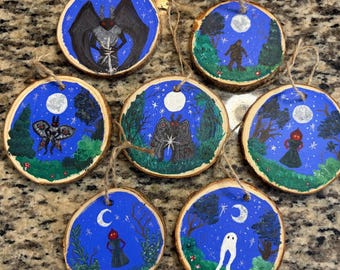 Cryptid paintings on wood Mothman, Flatwoods, Bigfoot, Fresno nightcrawer