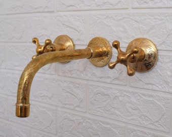 Grifo de pared de latón sin lacar, grifo de baño de latón macizo para montaje en pared, grifo de baño grabado para lavabo, grifo de latón