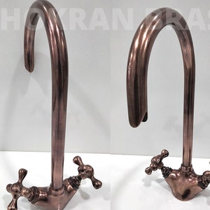 Antique Copper Faucet with Two Cross Handles , Handmade Brass Bathroom Faucet with copper Finish, Gooseneck Bathroom Faucet