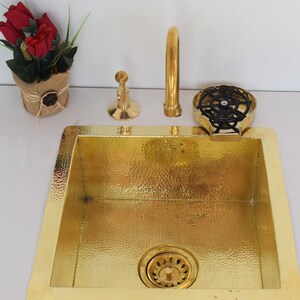 Fregadero de cocina de latón sin lacar con enjuagador de vidrio, fregadero de cocina de latón con lavavasos, accesorios para fregaderos de cocina, decoración de cocina imagen 6