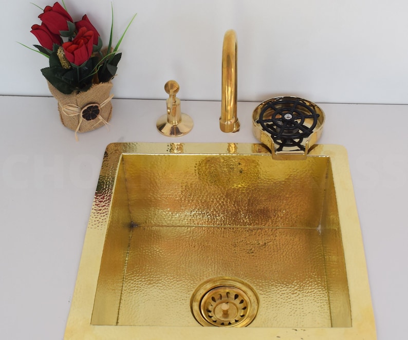 Fregadero de cocina de latón sin lacar con enjuagador de vidrio, fregadero de cocina de latón con lavavasos, accesorios para fregaderos de cocina, decoración de cocina imagen 6