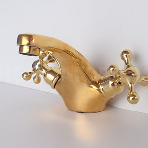Brass Single Hole Bathroom Faucet - Unlacquered Brass Bathroom Faucet - Bath Vanity Faucet with Double Simple Cross Handles