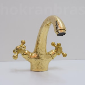 Hammered Brass Faucet with Cross Handles, Unlacquered Brass, Bathroom Faucet, Handmade Faucet Brass