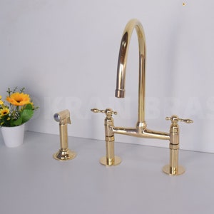 Brass Bridge Faucet Kitchen, Bridge Faucet with Lever Handles, Unlacquered Bridge Kitchen Faucet, Bridge Kitchen Faucet with Brass Sprayer