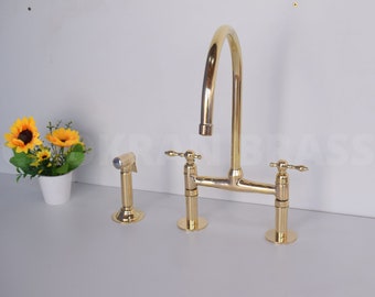 Brass Bridge Faucet Kitchen, Bridge Faucet with Lever Handles, Unlacquered Bridge Kitchen Faucet, Bridge Kitchen Faucet with Brass Sprayer