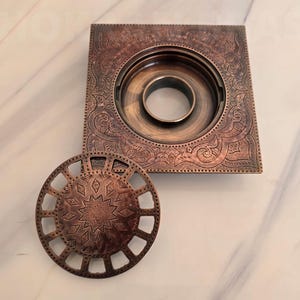 Antique Engraved Copper Square Floor Drain, Handmade Shower Floor Drain, Square Floor Drain with Removable Cover, Bathroom Accessories