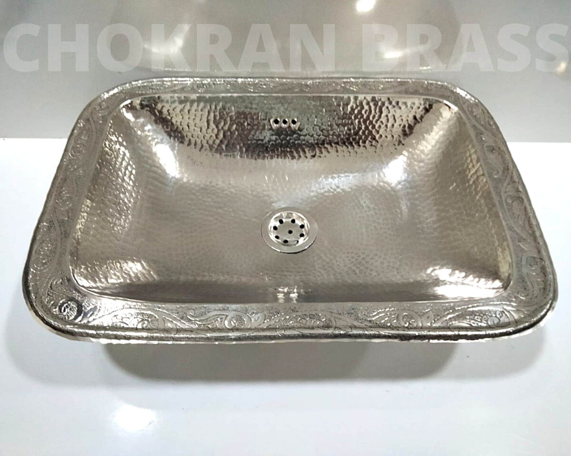Hammered Silver Sink With Engraved Design, Handmade Moroccan