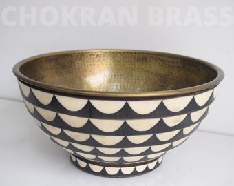 Antique Moroccan Basin Made of Pure Brass and Hand Hammered, Round Bathroom Bowl, Basin Made of Brass, Black and White Resin