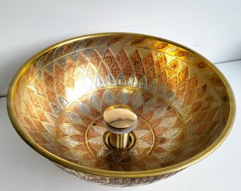 Custom Made 16 Guage Brass Bathroom Round Basin - Moroccan Sink - Unlacquered Brass Sink Bathroom Studded With Copper - Handmade Vessel Sink