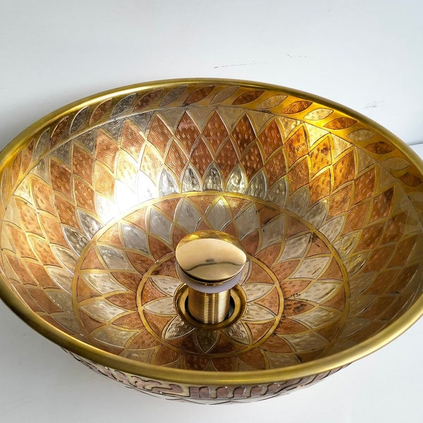 Custom Made 16 Guage Brass Bathroom Round Basin - Moroccan Sink - Unlacquered Brass Sink Bathroom Studded With Copper - Handmade Vessel Sink