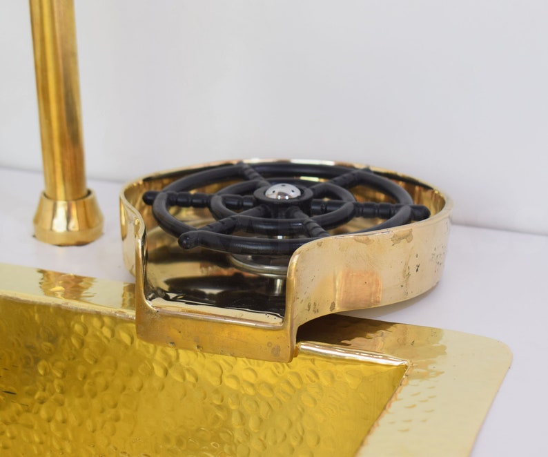 Fregadero de cocina de latón sin lacar con enjuagador de vidrio, fregadero de cocina de latón con lavavasos, accesorios para fregaderos de cocina, decoración de cocina imagen 1