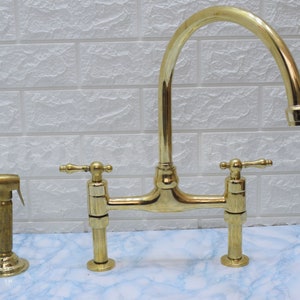Unlacquered Brass Kitchen Faucet - Kitchen Faucet with Lever Handles and Straight Legs - Unlacquered Solid Brass Bridge Faucet - Kitchen Tap