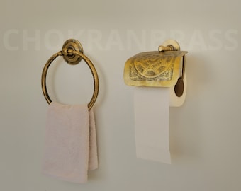 Minimalist Brass Towel Ring - Solid Heavy Brass and Handcrafted - Antique Towel Ring Handmade Engraved Brass towel holder for bathroom wall
