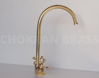 Grifo de baño de latón sin lacar, grifo de cocina de latón, grifo de lavabo de cuello de cisne de latón macizo, grifo de latón con acabado martillado