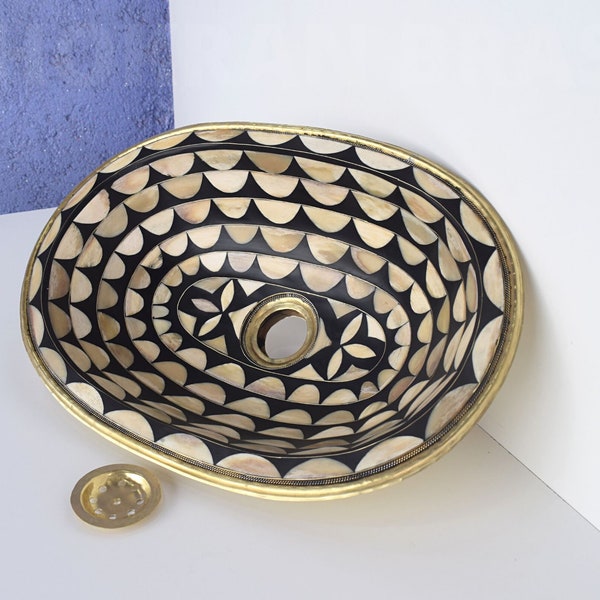 Moroccan Bathroom Sink Created With Solid Unlacquered Brass, Bone and a Resin finish, Luxury Sink with Resin And Bone