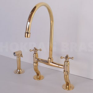 Unlacquered Brass Kitchen Faucet With Linear Legs - Solid Brass 8&quot; Bridge faucet with Cross Handles - Kitchen Faucets