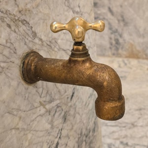 Decorative Unlacquered Brass Wall Faucet - Antique garden tap - Moroccan Handmade Solid Brass Faucet - Brass water Spigot - Farmhouse Faucet