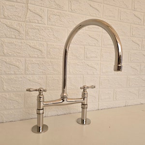 Nickel kitchen Faucet, Bridge Kitchen Faucets, Silver Kitchen Bridge Faucet, Silver Kitchen Faucet with Linear legs, Brass Bridge Faucet