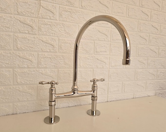 Nickel kitchen Faucet, Bridge Kitchen Faucets, Silver Kitchen Bridge Faucet, Silver Kitchen Faucet with Linear legs, Brass Bridge Faucet