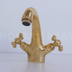Unlacquered Brass Bathroom Faucet, Brass Vanity Faucet, Brass Faucet With Engraved Gold Finish, Antique Brass Bathroom Faucet,