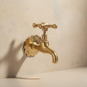 May include: A vintage-style brass faucet with a decorative floral backplate. The faucet features a cross-shaped handle and a curved spout. The brass has a warm, golden hue, and the fixture is mounted on a light-colored wall.