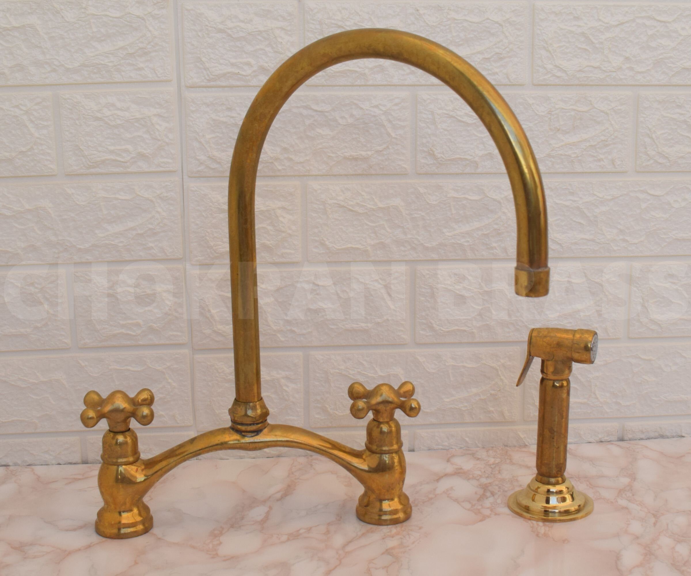 Antique Solid Brass, Arched Bridge Unlacquered Brass Kitchen Faucet, 2 Holes Sink Faucet, Kitchen Faucets, Crooked Bridge faucet V-Style