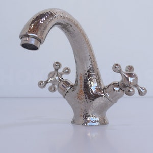 Nickel Finish Bathroom Faucet, Hammered Faucet for Kitchen and Bathroom, Traditional Cross Handles, Moroccan Nickel Bathroom Vanity Faucet