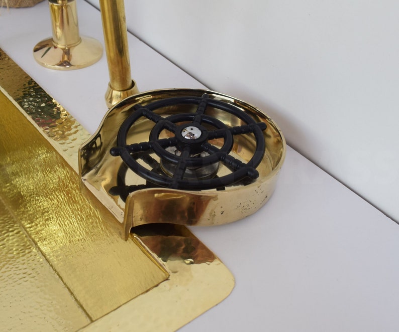 Fregadero de cocina de latón sin lacar con enjuagador de vidrio, fregadero de cocina de latón con lavavasos, accesorios para fregaderos de cocina, decoración de cocina imagen 4