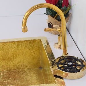 Fregadero de cocina de latón sin lacar con enjuagador de vidrio, fregadero de cocina de latón con lavavasos, accesorios para fregaderos de cocina, decoración de cocina imagen 2