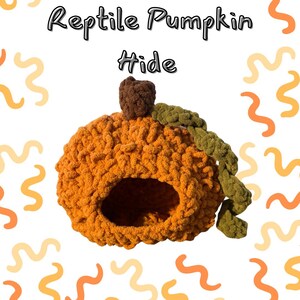 Könnte beinhalten: Ein gehäkeltes, kürbisförmiges Reptilienversteck in Orange mit einem braunen Stiel und einer grünen Ranke. Der Text "Reptile Pumpkin Hide" steht über dem Objekt, das eine hohle Öffnung an der Vorderseite für ein kleines Tier zum Ausruhen bietet.