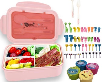 Lunch Box, Bento Lunch Box with Compartments, 1400ML Leakproof, Lunch Box with Set of 40 Food Picks and 4 Sauce Pots, BPA Free