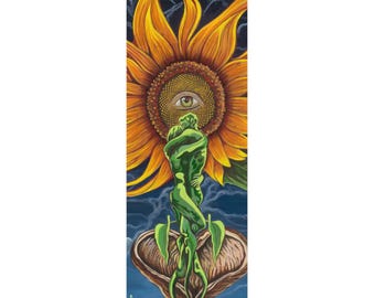 May include: A bookmark featuring a surreal illustration. A large sunflower with an eye in the center is above a green figure embracing another. The background is dark blue with cloud-like shapes. The artist's signature is in the bottom right corner.