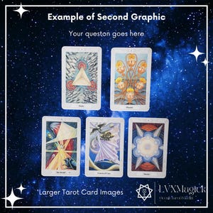 May include: Five tarot cards with detailed illustrations are displayed against a starry background. The cards feature various symbols and figures, including geometric shapes, a woman in a flowing gown, and stylized floral elements. Text on the cards includes titles like "The Hermit" and "Princess of Cups."