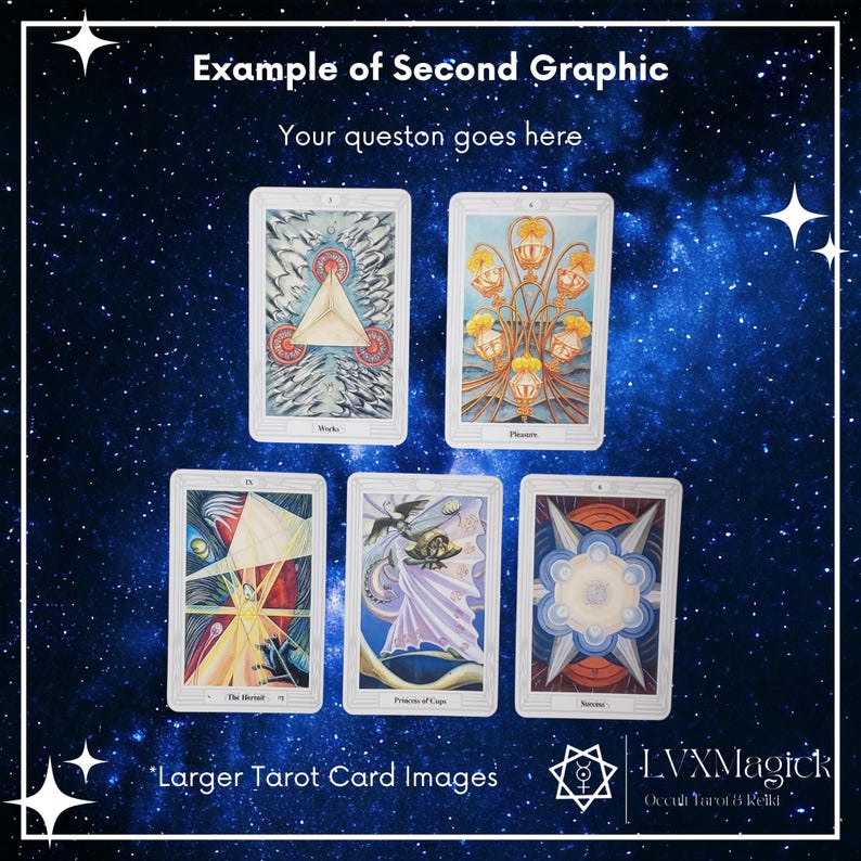 May include: Five tarot cards with detailed illustrations are displayed against a starry background. The cards feature various symbols and figures, including geometric shapes, a woman in a flowing gown, and stylized floral elements. Text on the cards includes titles like "The Hermit" and "Princess of Cups."