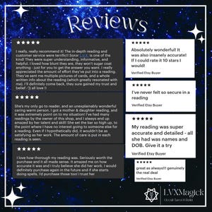May include: Image of Etsy shop reviews with a starry night background. Text includes positive feedback about readings, accuracy, and customer service. The shop name, LVXMagick, is visible at the bottom.