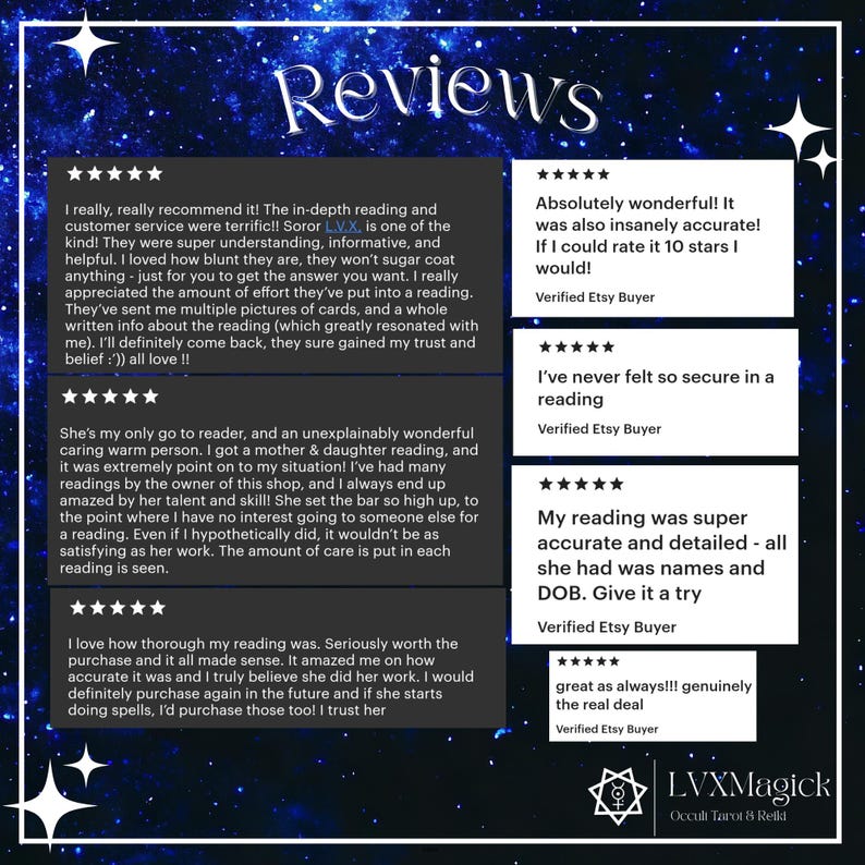 May include: Image of Etsy shop reviews with a starry night background. Text includes positive feedback about readings, accuracy, and customer service. The shop name, LVXMagick, is visible at the bottom.
