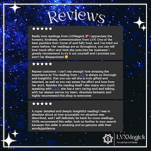 May include: A digital graphic with a starry blue background and white text that reads "Reviews." The image features customer testimonials for LVXMagick, an occult tarot and reiki service, with five-star ratings and detailed feedback.