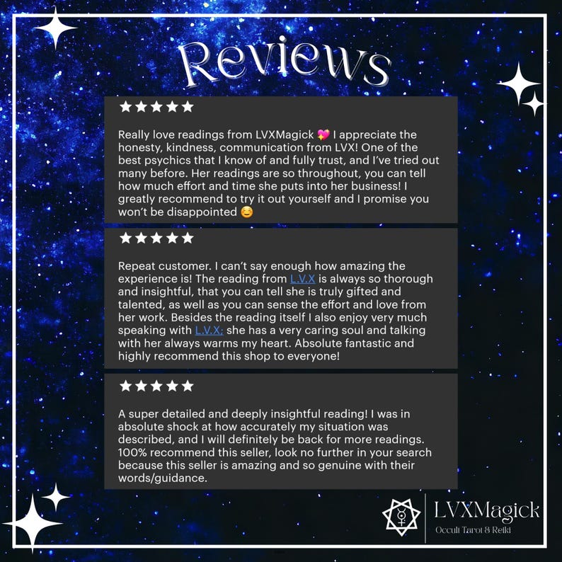 May include: A digital graphic with a starry blue background and white text that reads "Reviews." The image features customer testimonials for LVXMagick, an occult tarot and reiki service, with five-star ratings and detailed feedback.