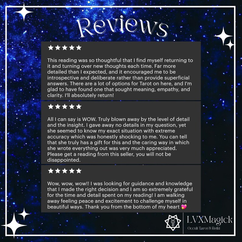 May include: A digital graphic with a starry night background and the word "Reviews" in white script. The image contains three customer testimonials about a Tarot reading service, with five-star ratings and positive feedback.