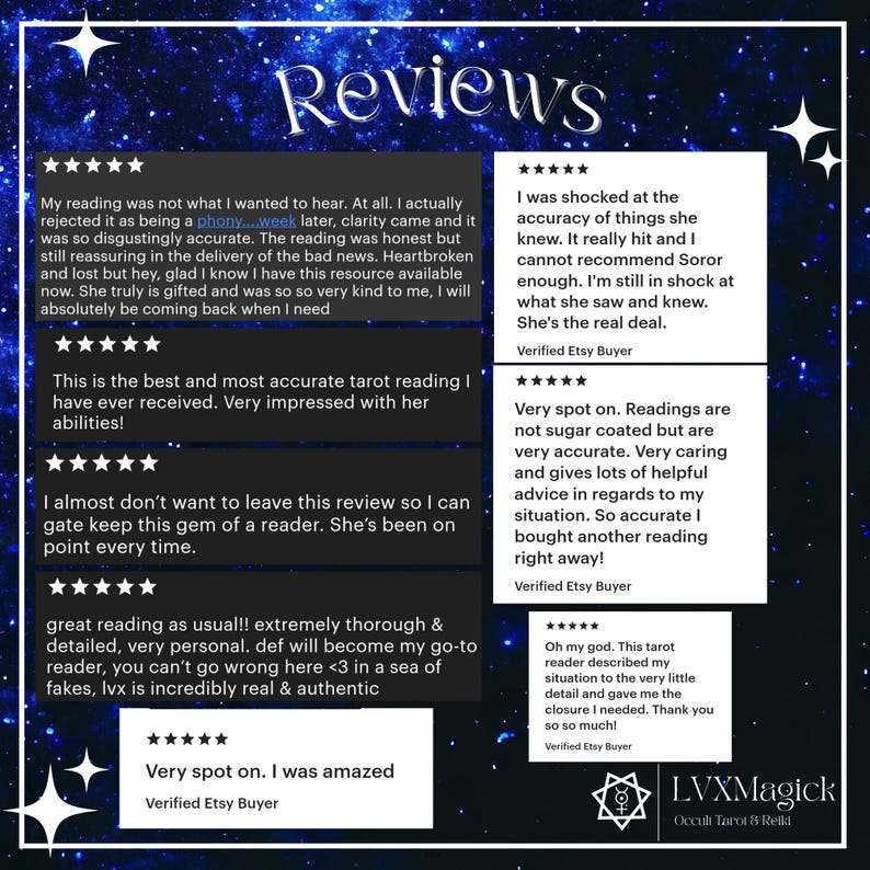 May include: A digital graphic with a dark blue starry background and white text that reads "Reviews." Several customer reviews are displayed, each with a five-star rating. The reviews praise the accuracy and detail of the readings.
