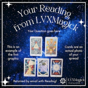 May include: A digital image featuring a dark blue starry background with white text that reads "Your Reading from LVXMagick." Five tarot cards are displayed, with additional text indicating the reading is returned by email.