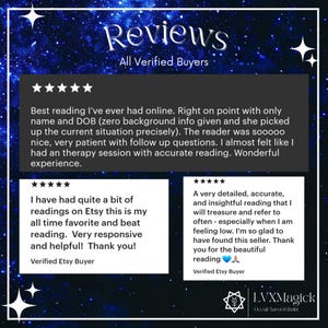 May include: A digital graphic with a starry background and the word "Reviews" at the top. The image displays customer testimonials with five-star ratings, praising the accuracy and insight of readings. The seller's logo is at the bottom.