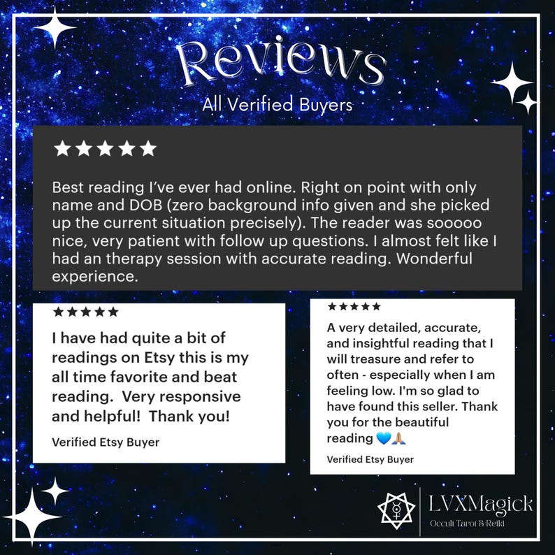 May include: A digital graphic with a starry background and the word "Reviews" at the top. The image displays customer testimonials with five-star ratings, praising the accuracy and insight of readings. The seller's logo is at the bottom.