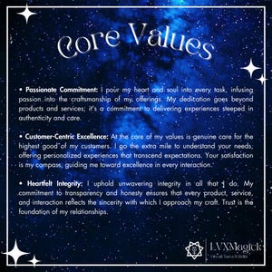 May include: A digital graphic with a starry night sky background. The text "Core Values" is at the top, with bullet points detailing commitment, customer excellence, and integrity. The LVXMagick logo is at the bottom.