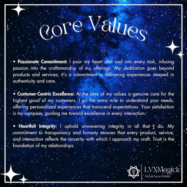 May include: A digital graphic with a starry night sky background. The text "Core Values" is at the top, with bullet points detailing commitment, customer excellence, and integrity. The LVXMagick logo is at the bottom.