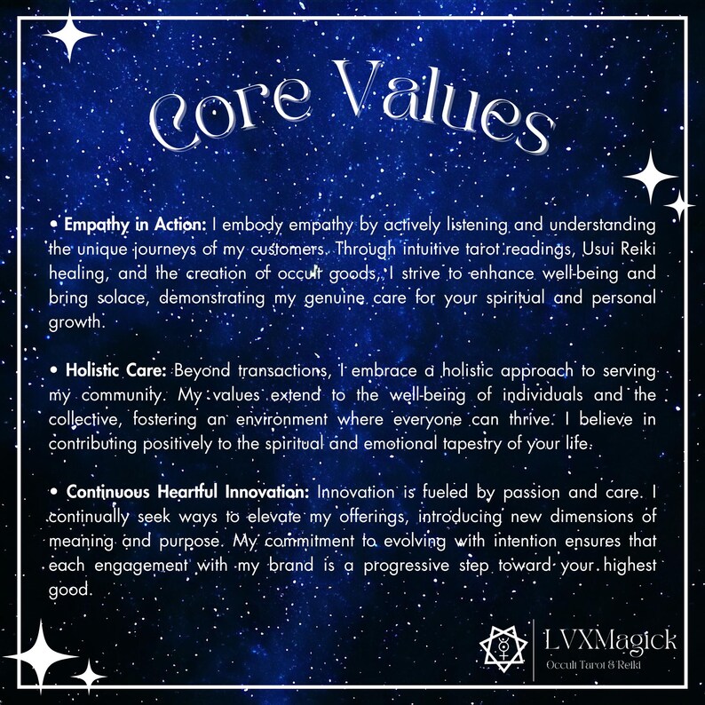 May include: A digital graphic with a starry night sky background and the words "Core Values" in white script. The text describes empathy, holistic care, and continuous innovation. The LVXMagick logo is at the bottom.