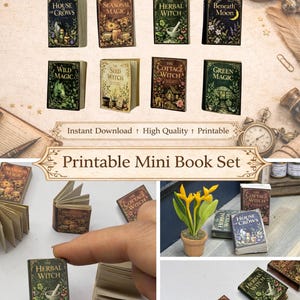 Może przedstawiać: Zestaw miniaturowych książek do druku z tytułami takimi jak "House of Crows" i "The Herbal Witch." Książki mają szczegółowe okładki z ilustracjami i tekstem. Obraz zawiera tekst "Printable Mini Book Set."