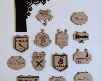 Znaki na półki, dekoracje półek, znak książki, etykieta książki, znaki na półki