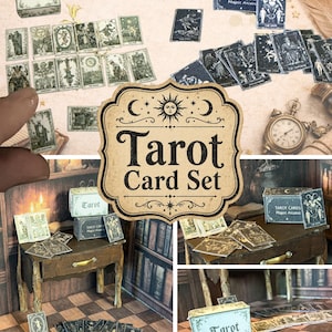 May include: A collection of tarot cards and boxes with the text "Tarot Card Set" and "Instant Download". The cards feature detailed illustrations in shades of green and black. The boxes are labeled "Tarot" and "Tarot Cards Major Arcana".